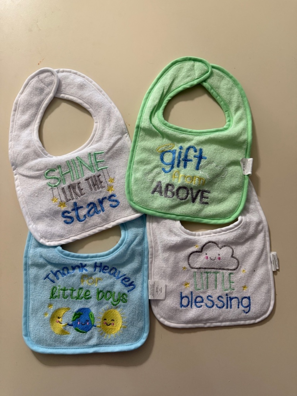 Baby Bib Set - Green, Blue, White Embroidered 'Little Blessing' & More set of 4